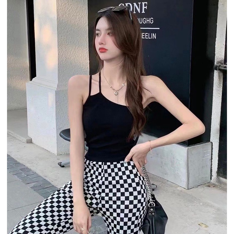 HUES.ID Tanktop Terbaru Asimetris One Shoulder Atasan Wanita Crop Korean Look Double Tali Kecil 1094