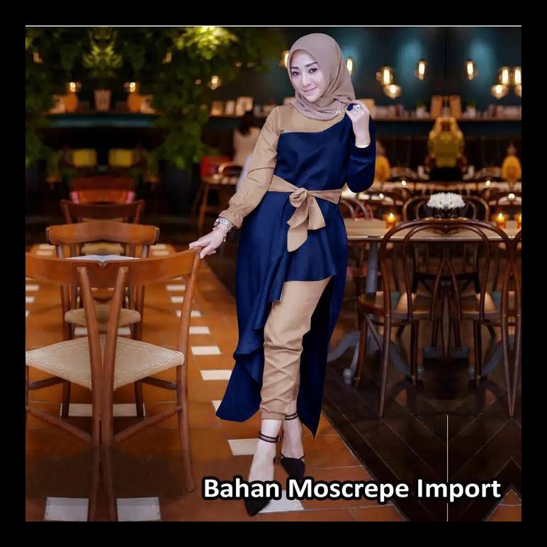 Setelan Bela Navy Baju Muslim Remaja Tunik Celana Cantik St Bela At