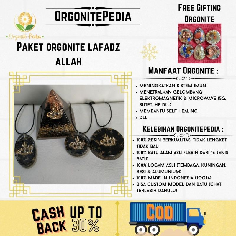 Paket Orgonite Healing Piramida Pendant Kalung Liontin Lafadz Allah black Emf Protection