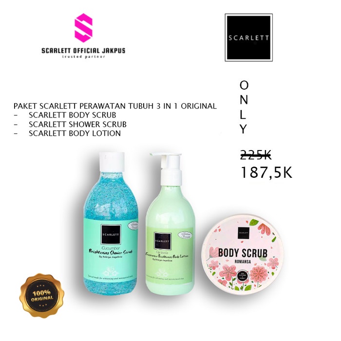 Paket 3 item Scarlett Whitening Shower Scrub, Body Lotion, Body Scrub