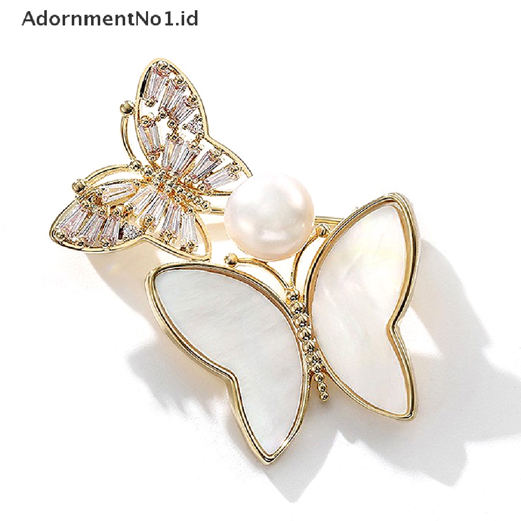 (AdornmentNo1) Bros / Pin Bentuk Kupu-Kupu Ganda Aksen Zircon + Mutiara Untuk Aksesoris Wanita (ID)