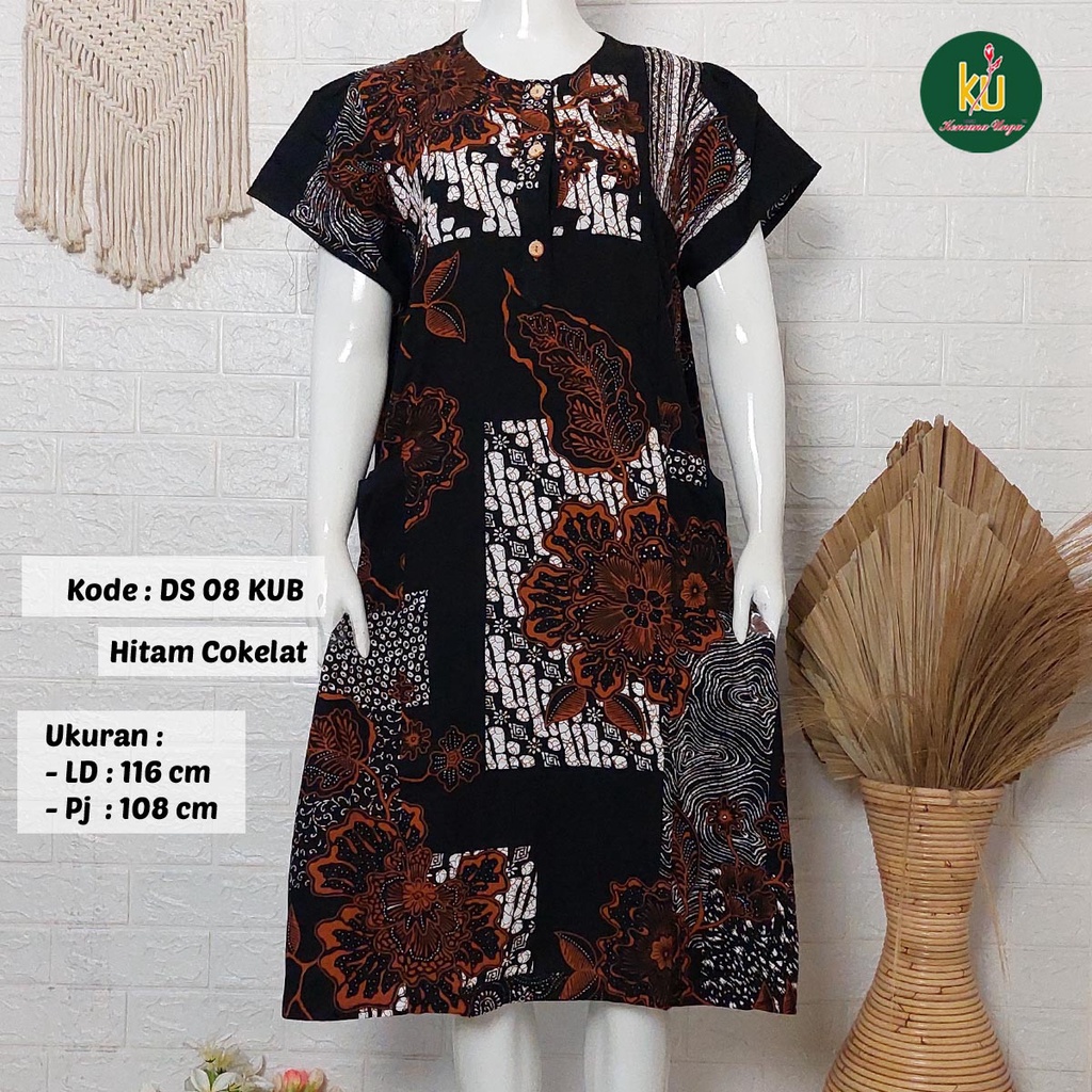 Bisa COD DS08 KUB | Daster Batik Kencana Ungu Asli Label Biru | Baju Santai Tidur Wanita Dewasa Kancing Depan Busui Friendly Motif Terbaru-Hitam Cokelat