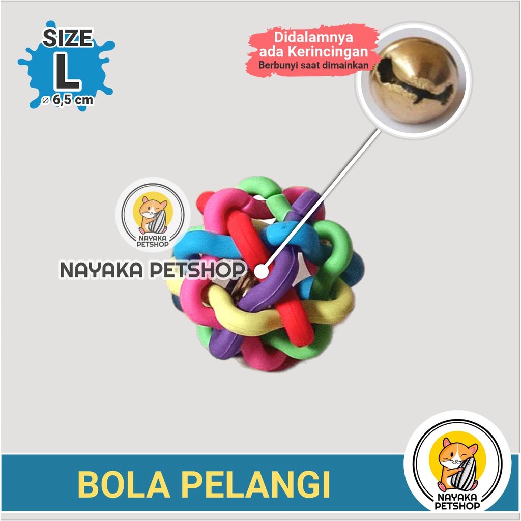 Size L Bola Pelangi Karet Mainan Kucing Bunyi Kerincing Lonceng Pet Cat Toy Ball Anjing