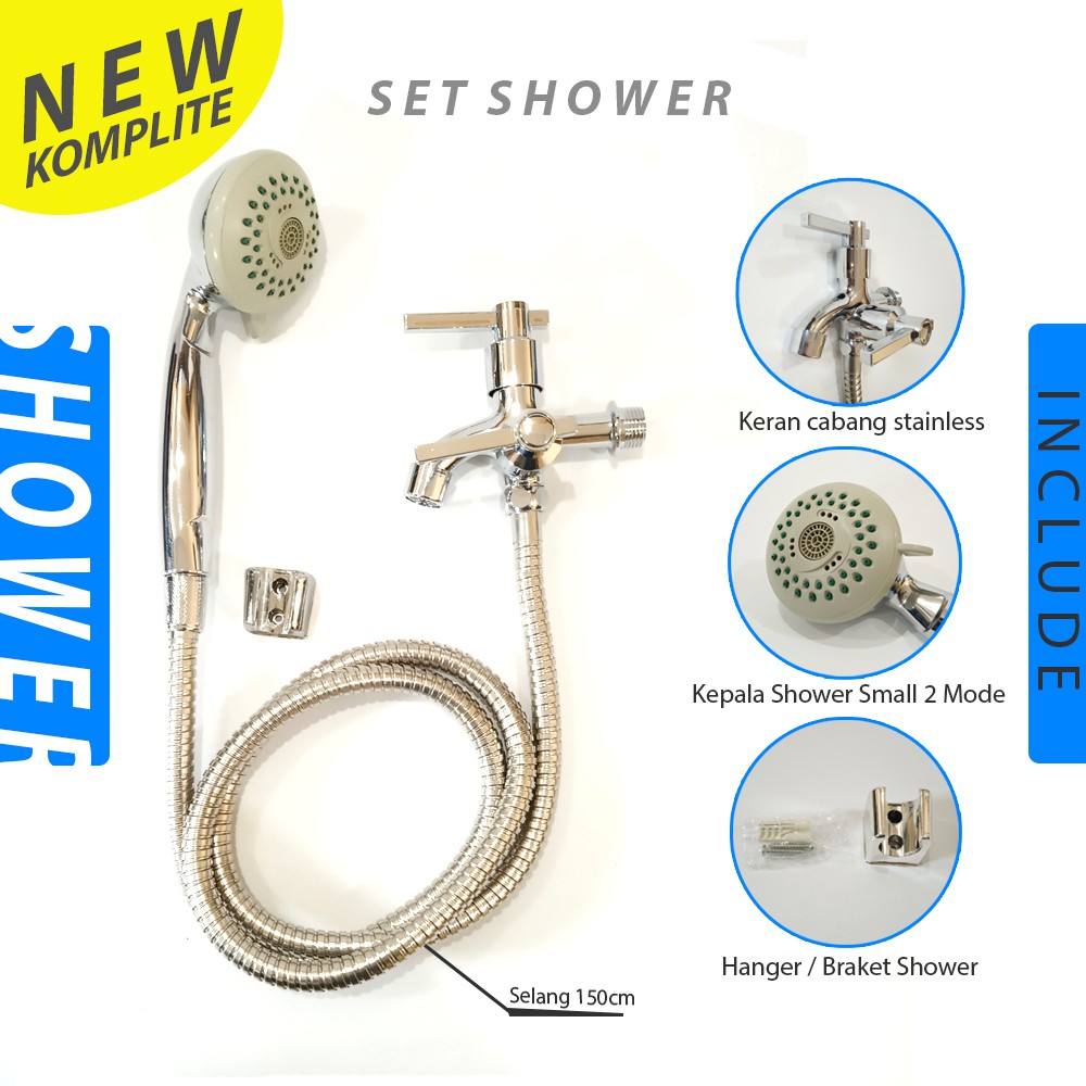 Paket Shower 1 Set Shower + Kran Cabang 1/2inch + Selang 150cm + Hanger Shower