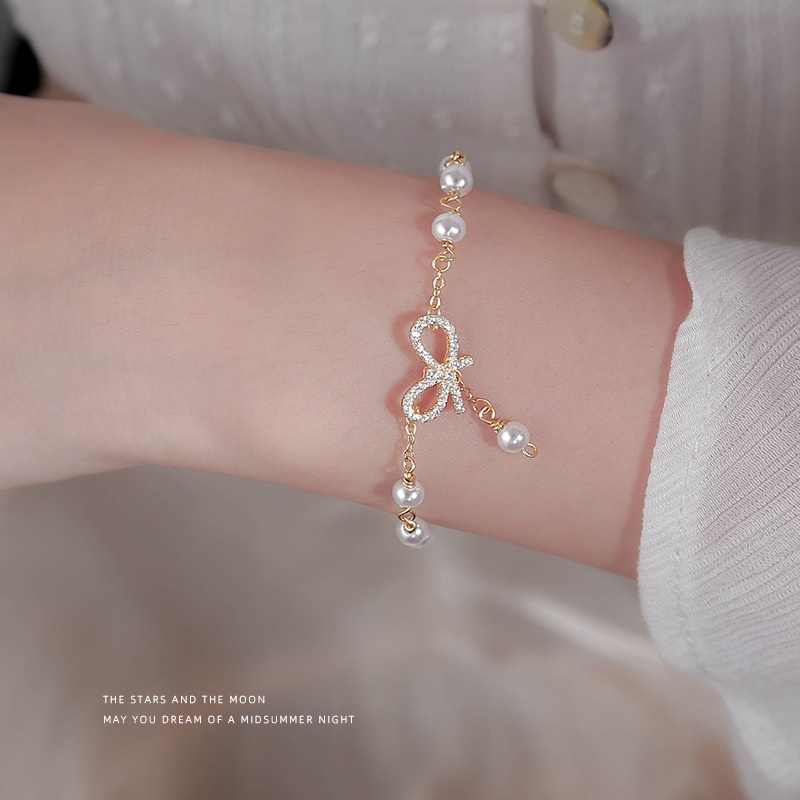 We Flower Gelang Emas 14K Hias Manik-Manik Mutiara Kristal Untuk Wanita