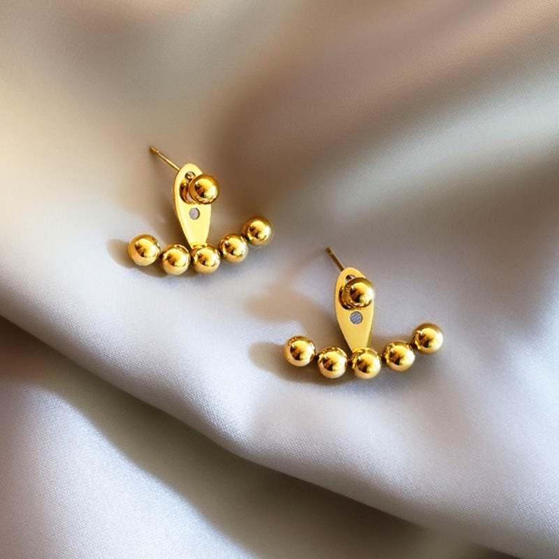 Anting Titanium Wanita Asli Melengkung Manik Emas 18k anti karat dan anti luntur