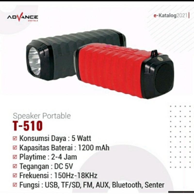 Speaker Bluetooth Advance T510 Wireles Speaker Portable Senter Led 5W