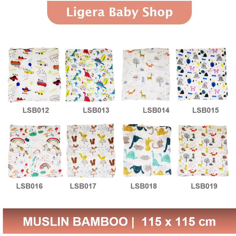 LIGERA Bamboo Muslin Swaddle Bedong Selimut Kain Bayi Lembut  Tidak Panas Premium - Pilih Motif