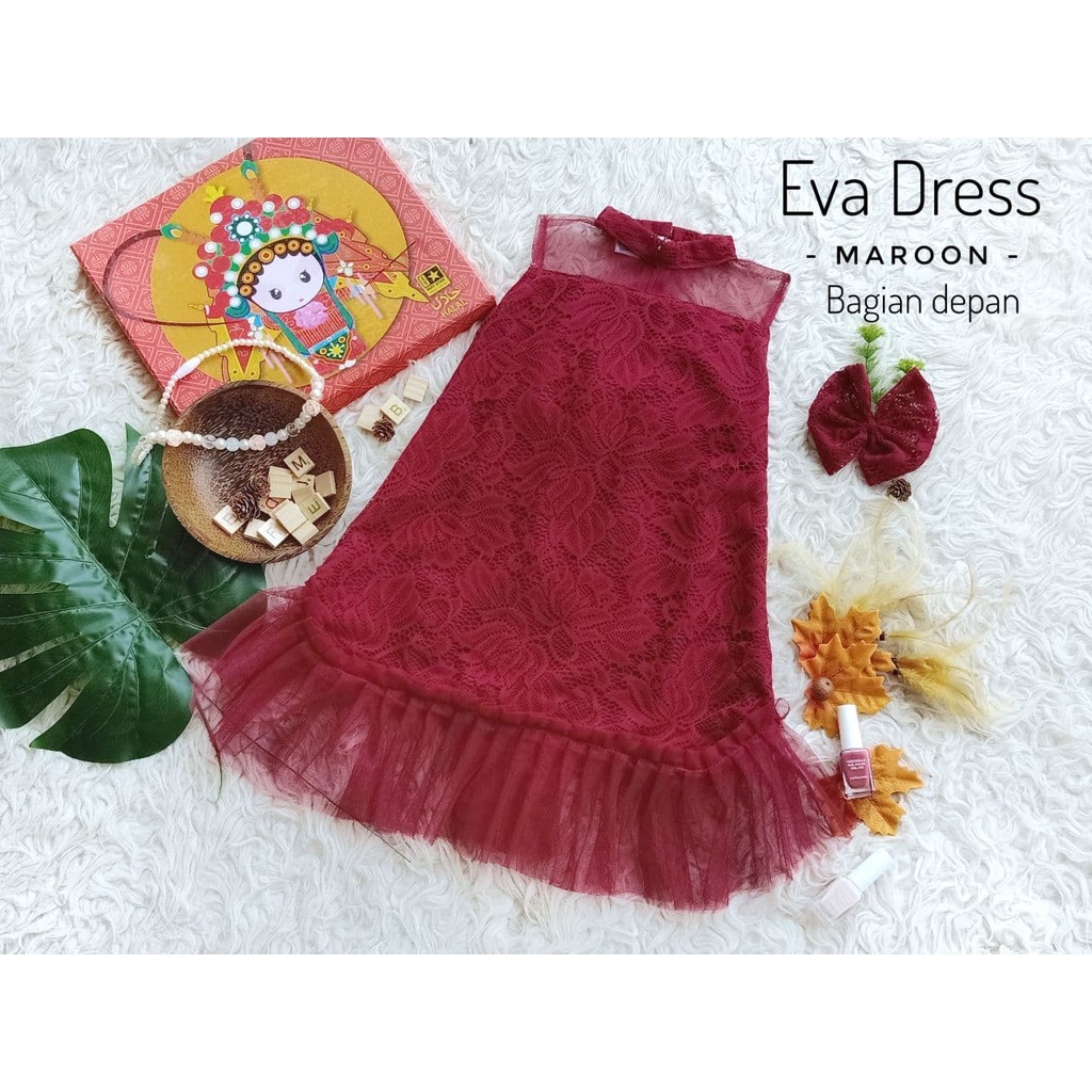 EVA DRESS MERAH MERAH MAROON / DRESS ANAK DAN REMAJA / DRESS CANTIK UNTUK LEBARAN / DRESS BROKAT