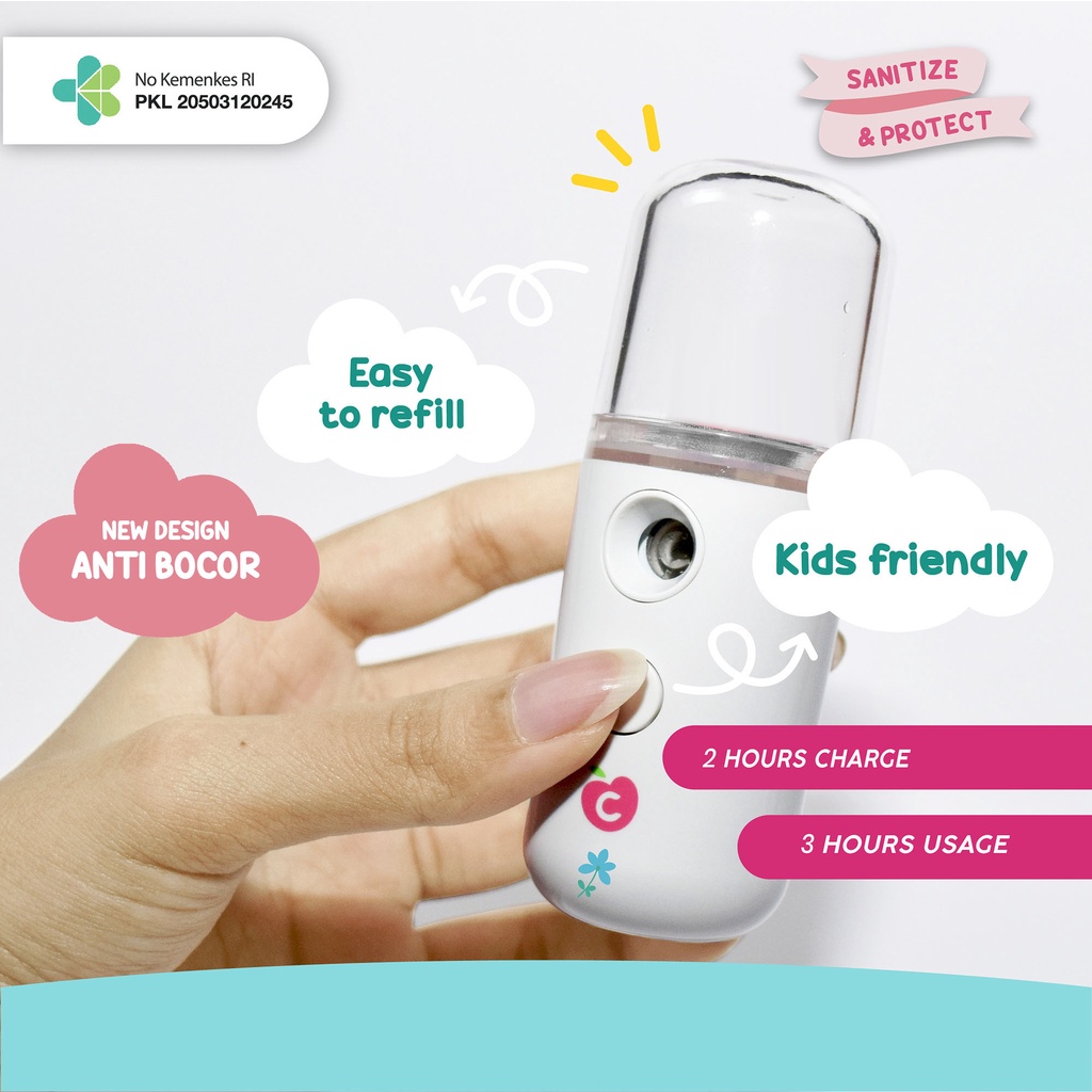 BerryC Nano Mist Spray Sanitizer 30ML Desain Baru Anti Bocor Dan Retak bisa untuk anak hingga dewasa (NO CHARACTER) face mist sprayer embun fog mungil personal portable rechargable usb putih white simple kuat new design awet sanitize sterilize moisturize