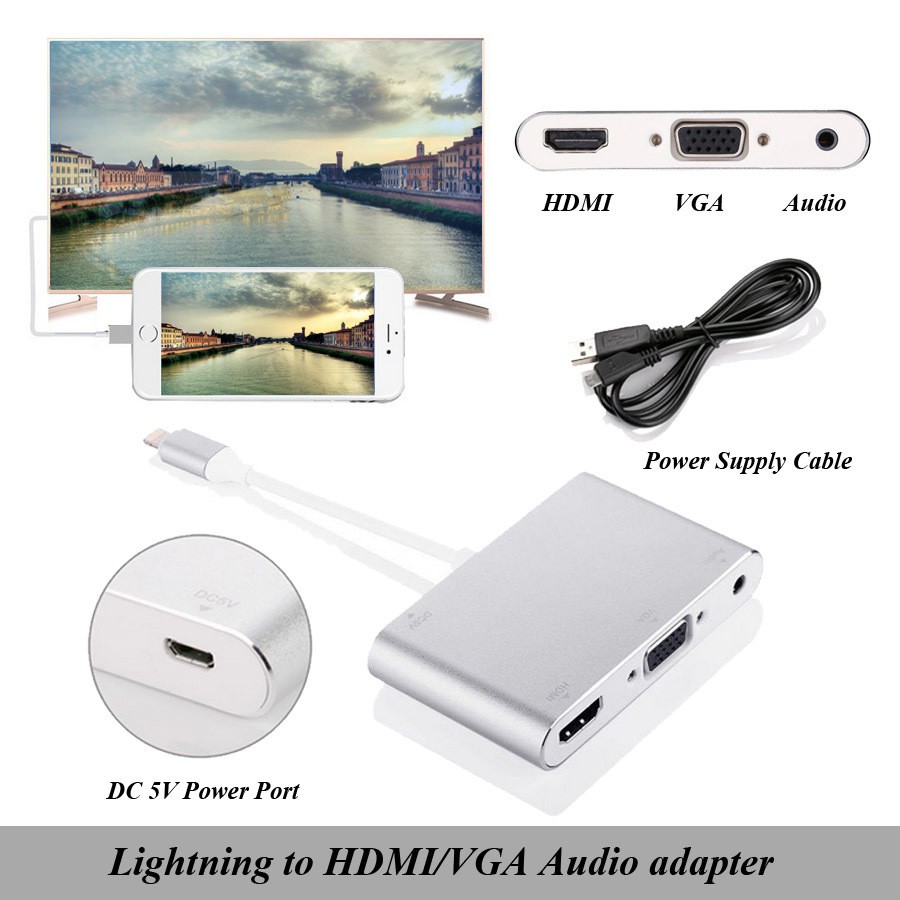 Adapter Converter Lightning to HDMI VGA with Audio Port - 7585C - Silver