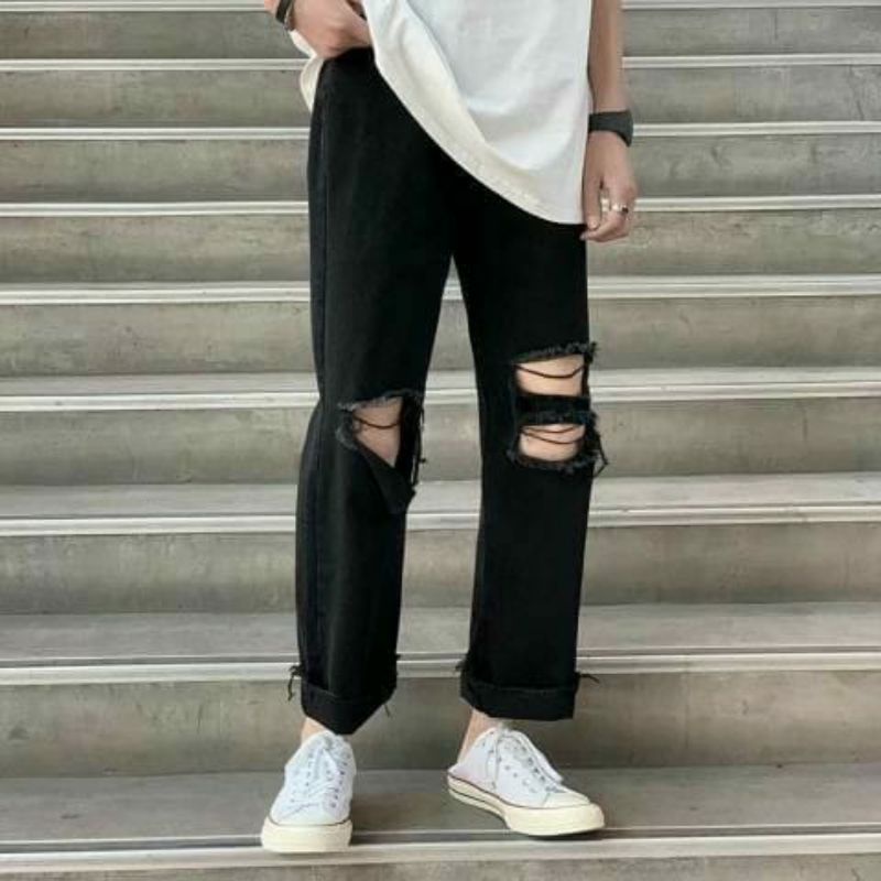 CELANA SOBEK PRIA RIPPED JEANS STANDAR BASIC REGULER ROBEK 28-38