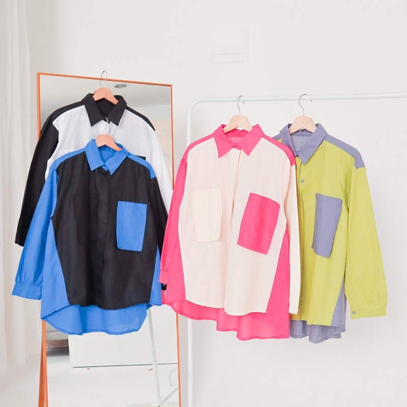 Kalina Kombi Shirt / Kemeja Pinguin Kombinasi (207) Oversize Shirt Linen Pocket Shirt Oversize / 2 t