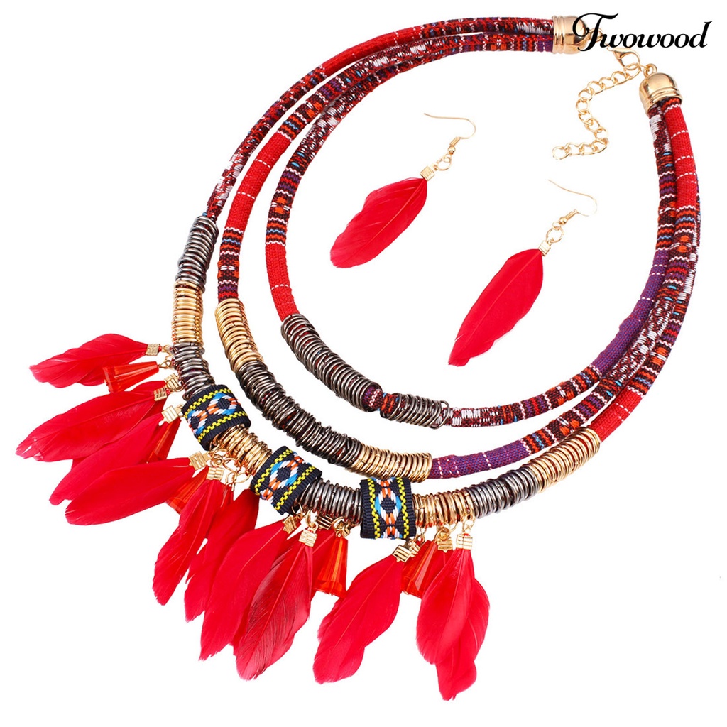 2pcs / Set Kalung Anting Rumbai Bulu Multilayer Bahan Alloy Gaya Bohemian Etnik Untuk Aksesoris Perhiasan