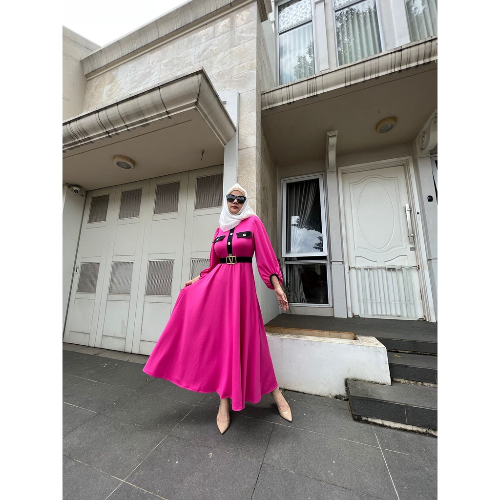 684# Dress Maxi fashion scuba / Gamis scuba garis / Dress muslim +FREE BELT V