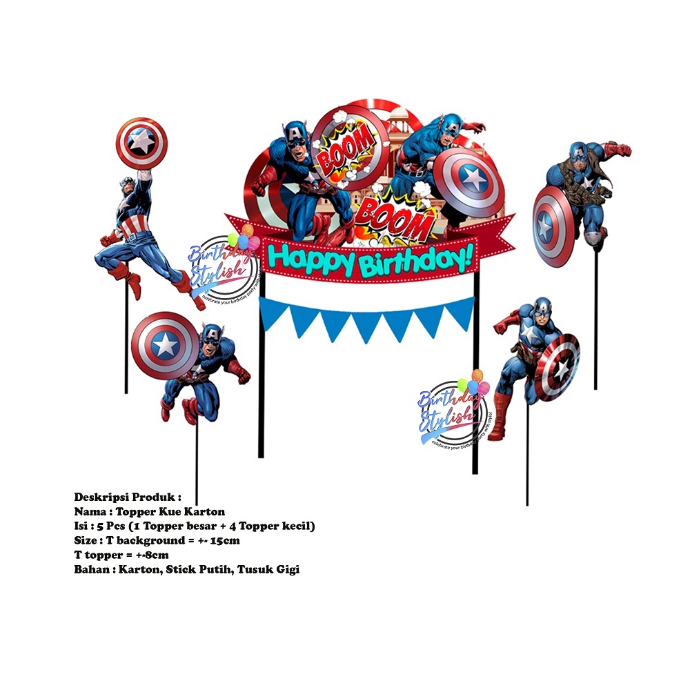 

Topper Kue Captain America Karton/ Hiasan kue Ulang Tahun Captain America / Background Kue Captain