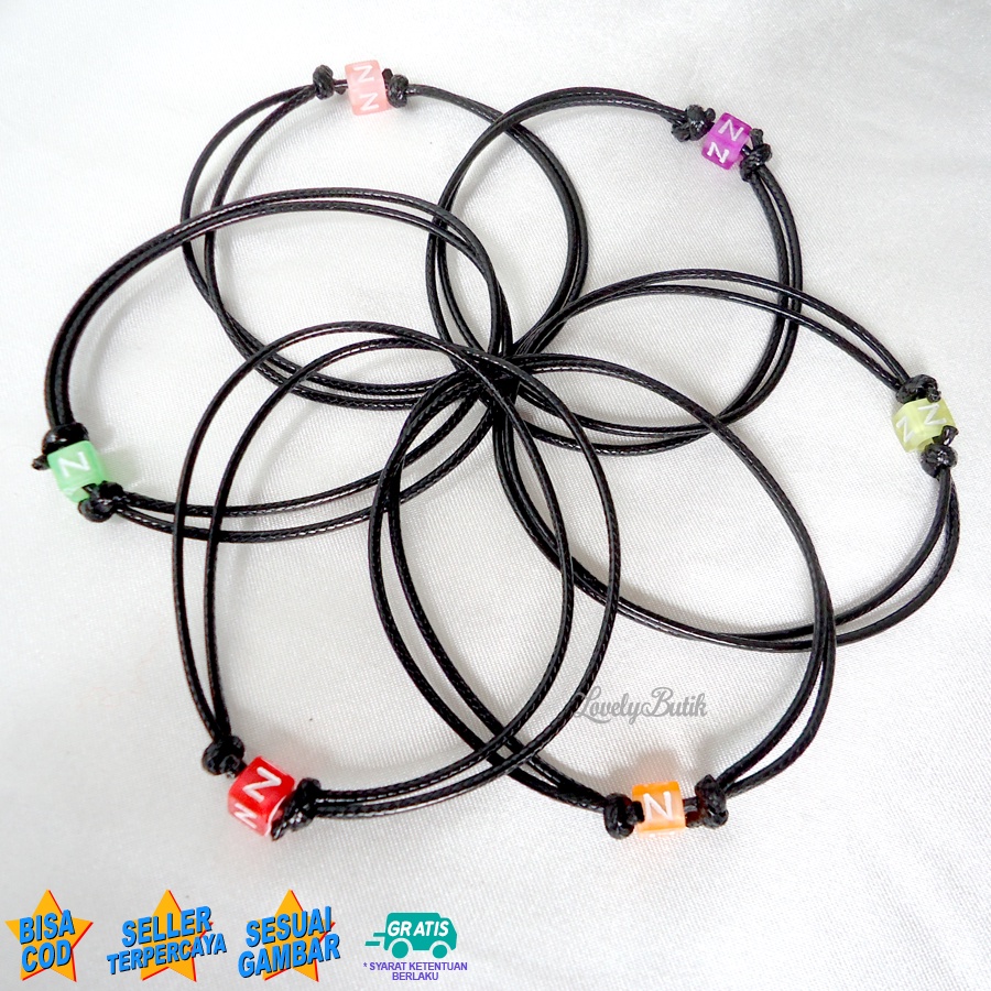 Lovelybutik Gelang Inisial Huruf Alfabet Tali Hitam A-M Gelang Persahabatan Couple Aesthetic Pacar