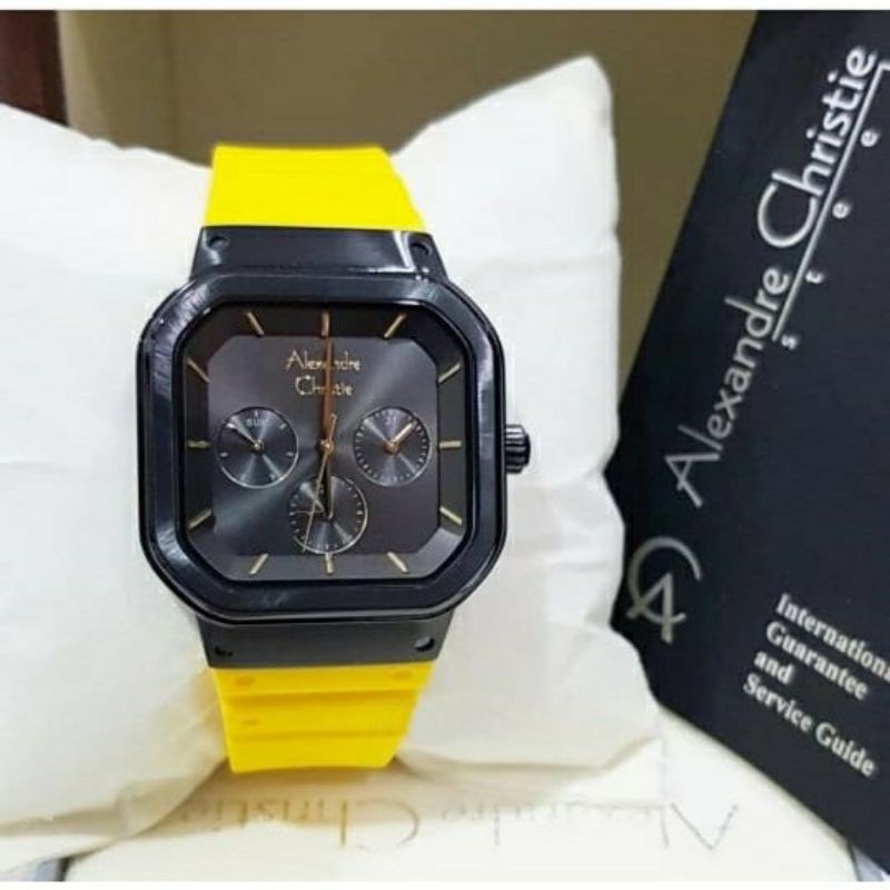 Alexandre Christie Original AC2811BF Jam Tangan Wanita Tali Karet kuning hitam