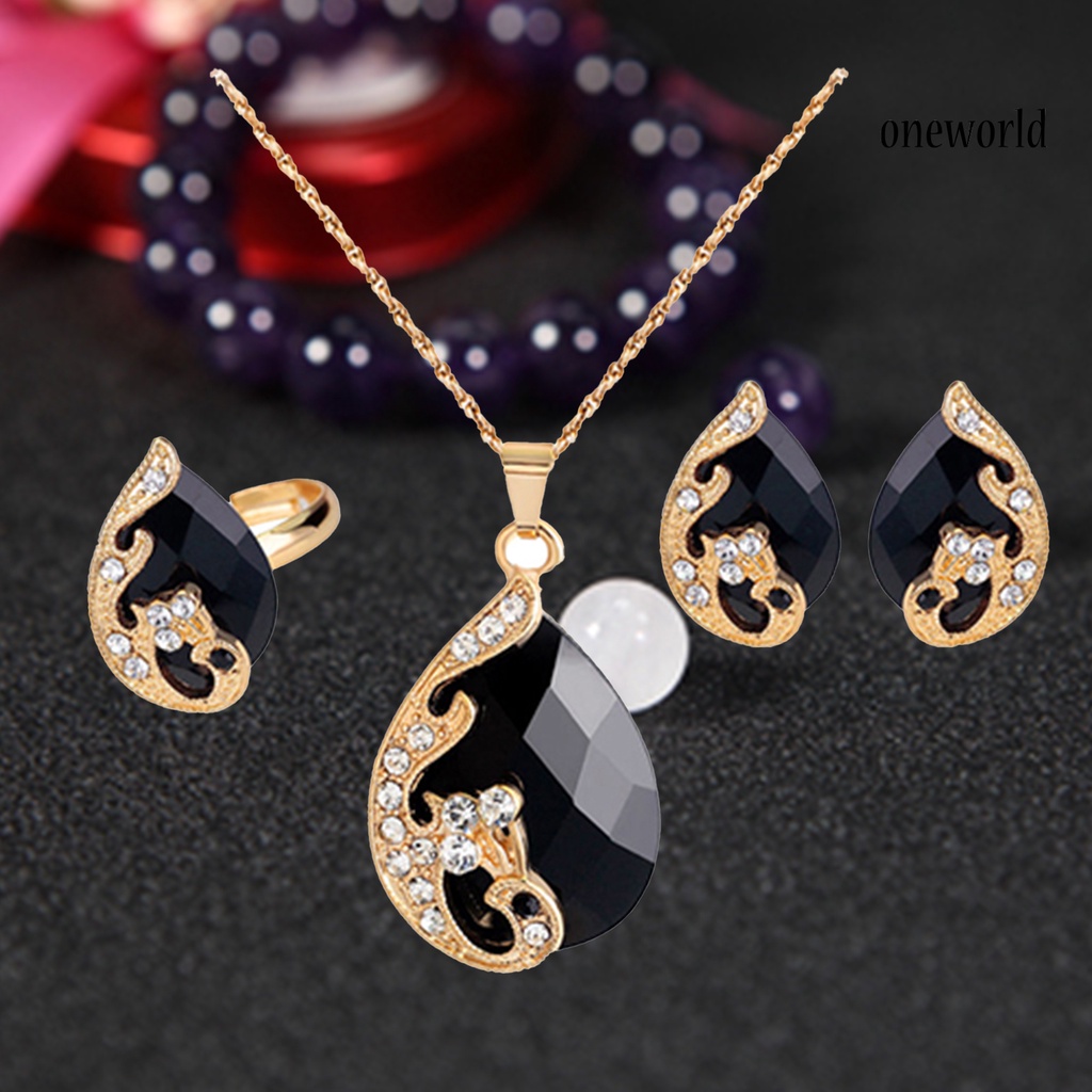 OW@ Jewelry Set Rhinestone Inlaid Temperament Alloy Exquisite Waterdrop Pendants Earrings Ring for Anniversary