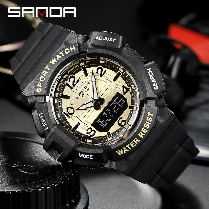 SANDA 3101 Jam Tangan Pria Digital Analog Dual Time Tali Rubber Anti air WATCHKITE WKOS