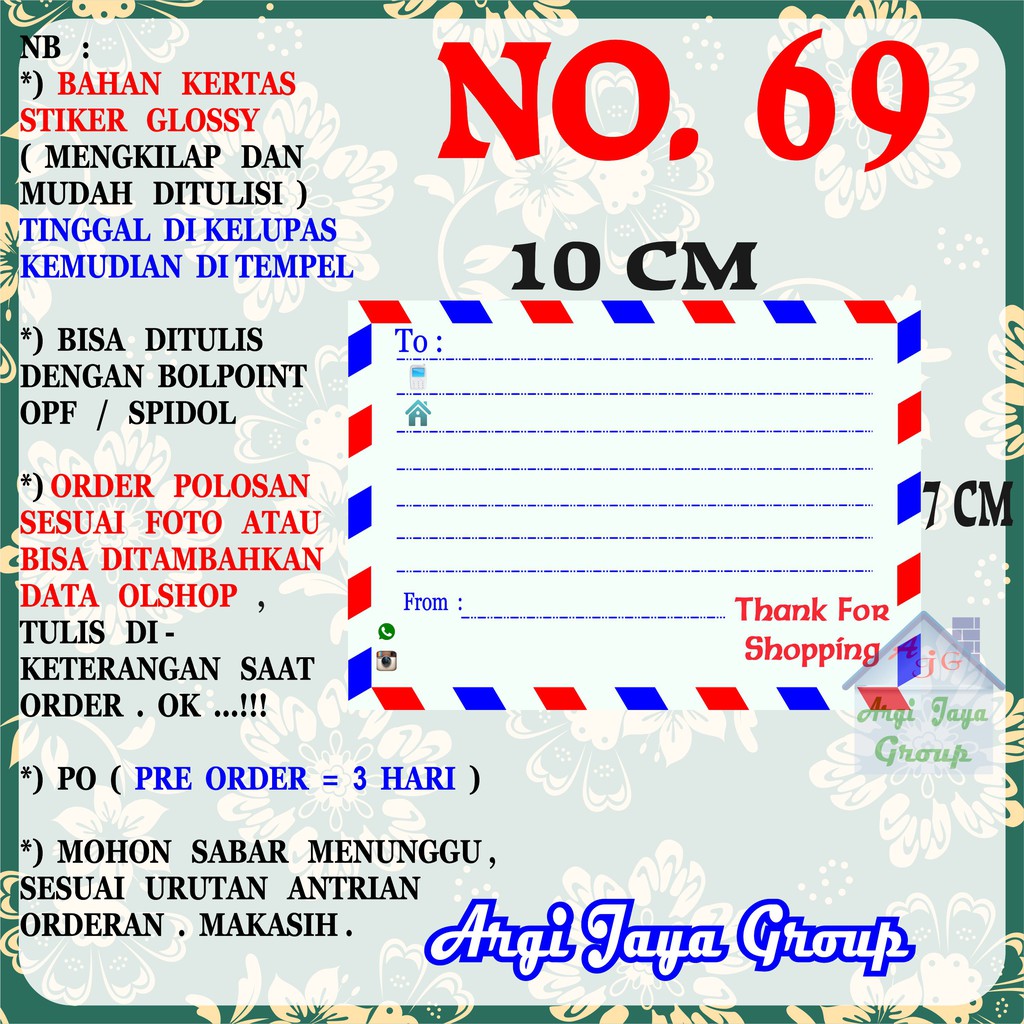 

Stiker Pengiriman - Sticker Alamat Olshop Murah Nomer 69 - 10x7 cm - Glossy