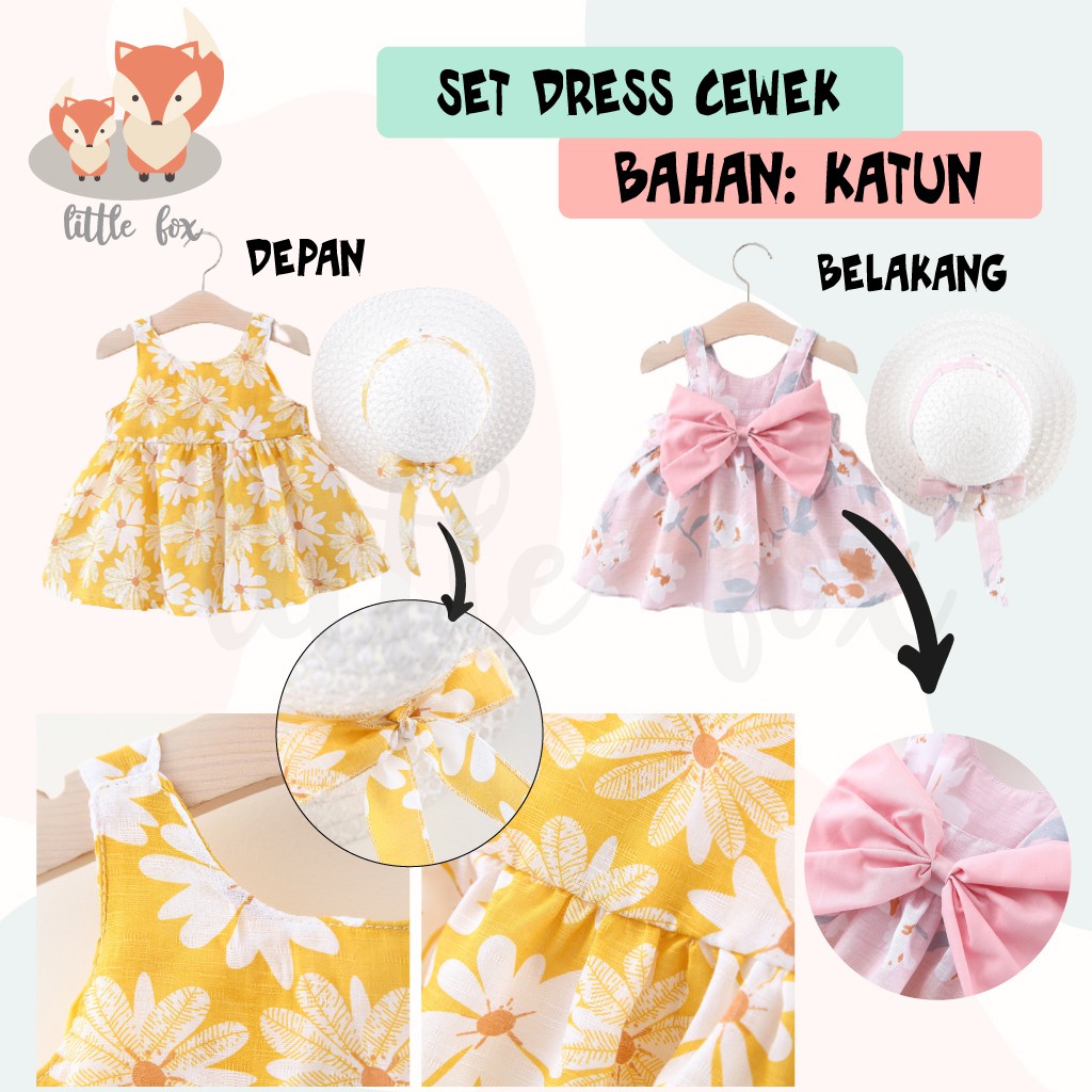 SETELAN PRINCESS DRESS ANAK GAUN BAYI SET TOPI CELANA ELEGAN PESTA BABY PEREMPUAN CEWEK MATERIAL LINEN