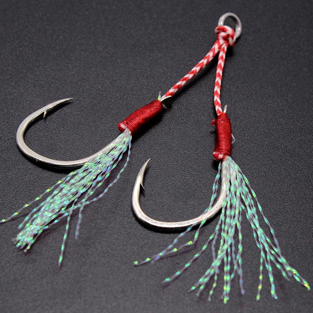 REBUY Fishing Tackle Fishing Jigging Hook Fishing Lure Jig Head Hook Double Jig Hooks Slow Jigging Fishing Hook High Carbon Steel Pesca Thread Feather Fishing Accessories Double PairHooks