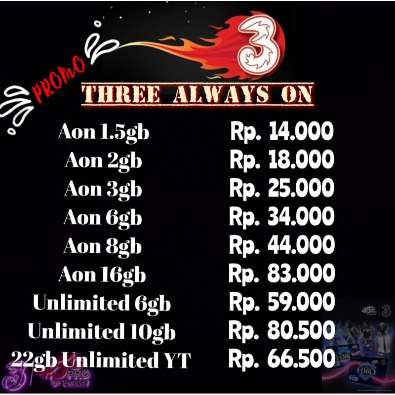 KUOTA TRI AON + UNLIMITED (Tanpa kirim barang)