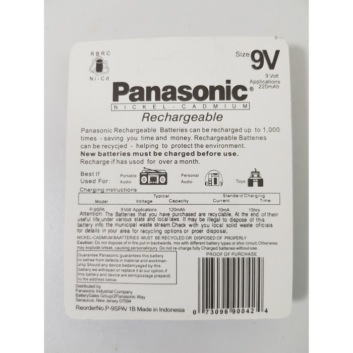 Baterai 9v 220mAh rechargeabe PANASONIC / Battery 9v / Baterai kotak