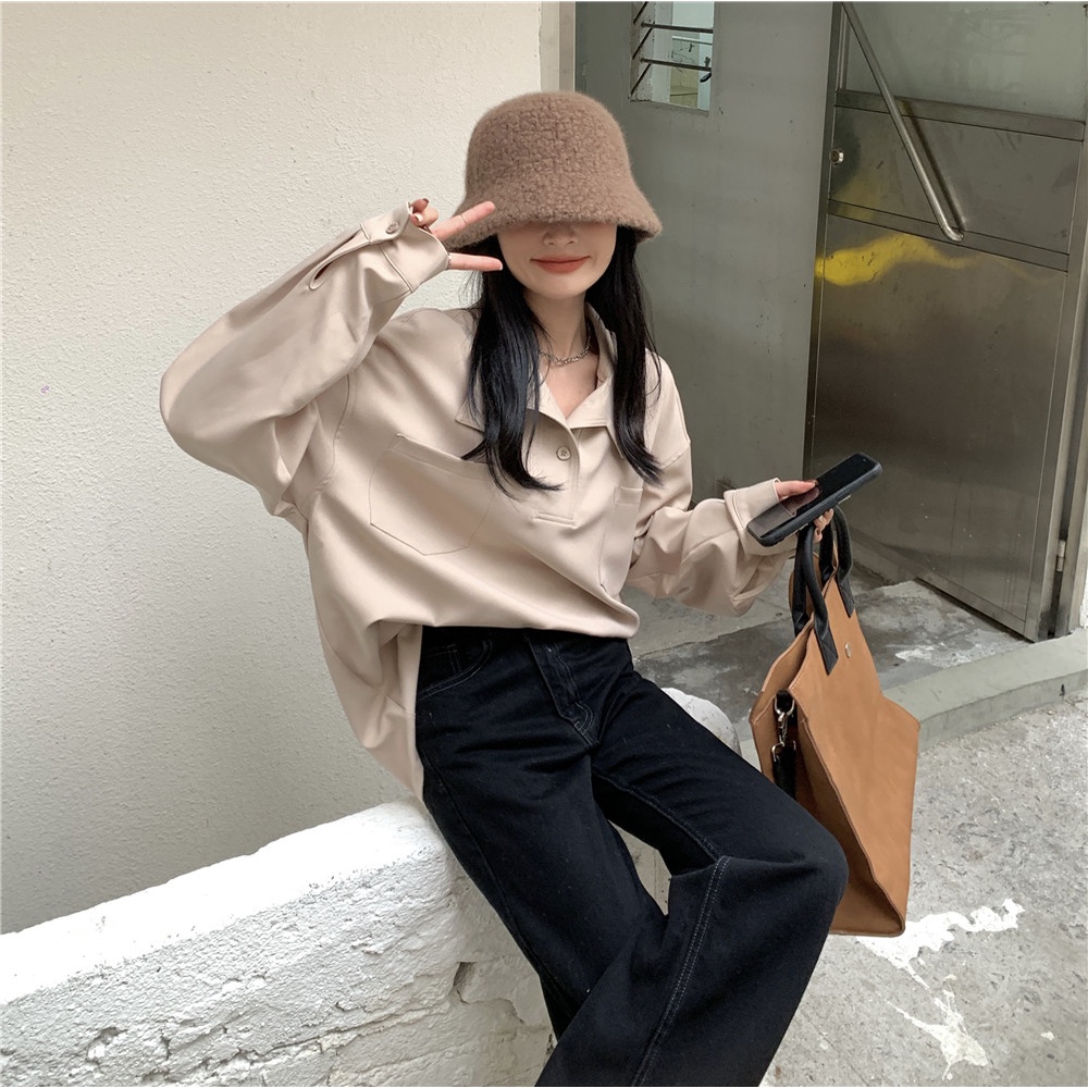 Blouse Korean Style Kemeja Wanita Lengan Panjang Turtleneck  Kemeja Polos