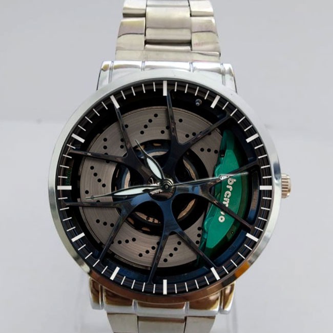 Jam Tangan Pria Stainless Gambar Velg Brembo Hijau Analog Custom
