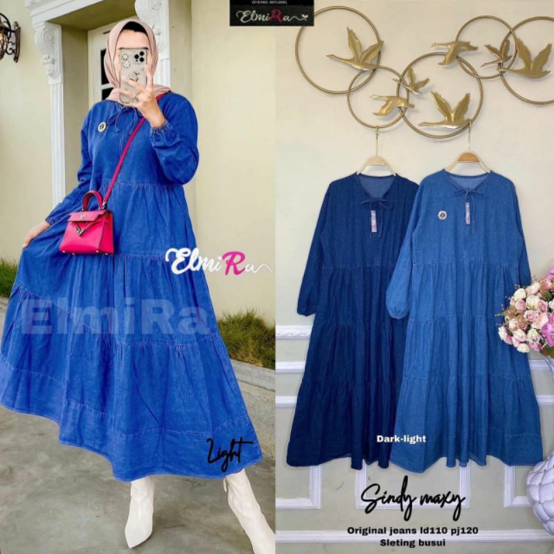 SINDY MAXY ORIGINAL PRODUK BY ELMIRA MIDI DRESS JEANS TERBARU