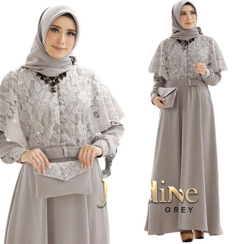 GAMIS BRUKAT NADINE KOMBINASI MOSCREPE / Gamis brokat busui/bumil muslimah wearr masa kini terbaru-GREY