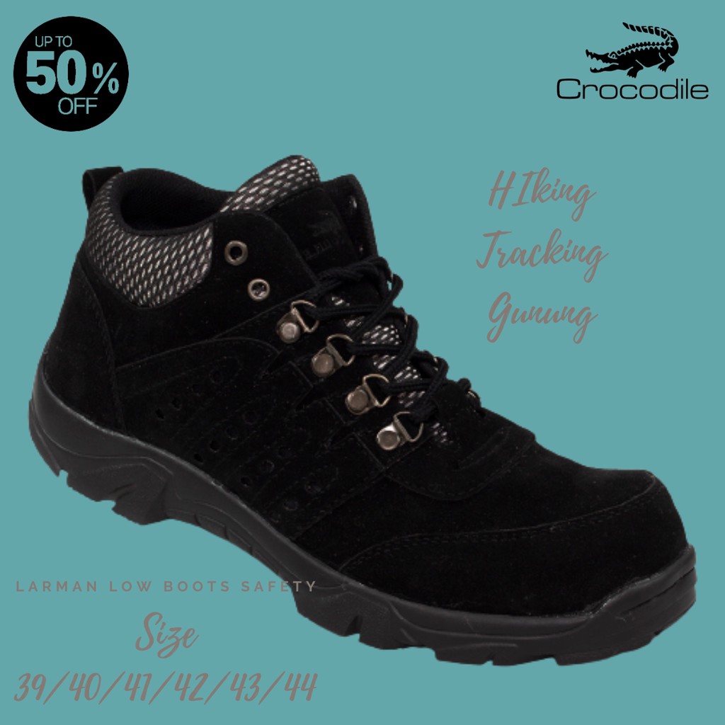 Sepatu Pria Crocodile Larman Suede Hitam Low Boots Pendek Ujung Besi Outdoor Hiking Gunung Adventure