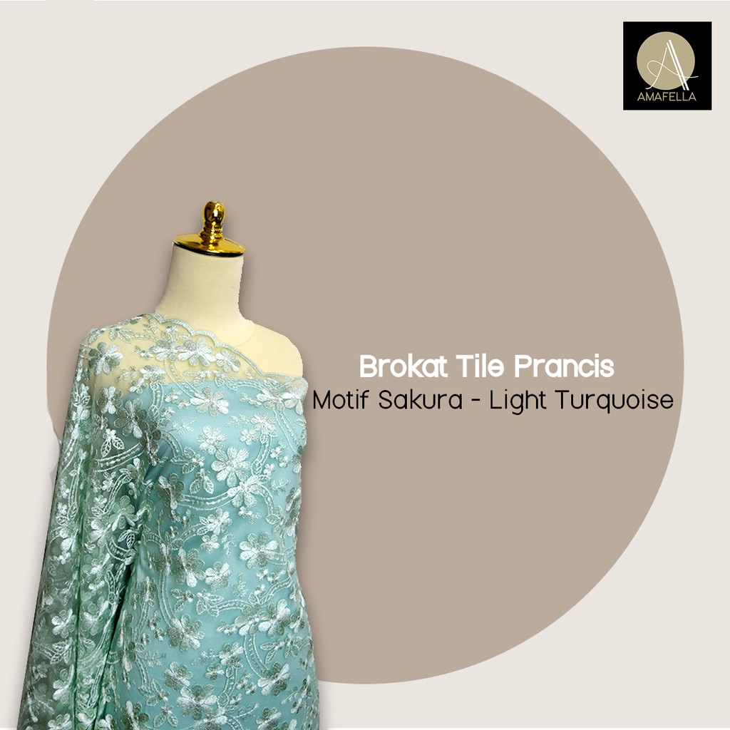 1/2 meter Kain Brokat Tile Prancis Bahan Kebaya Motif Sakura Light Turquoise Mint