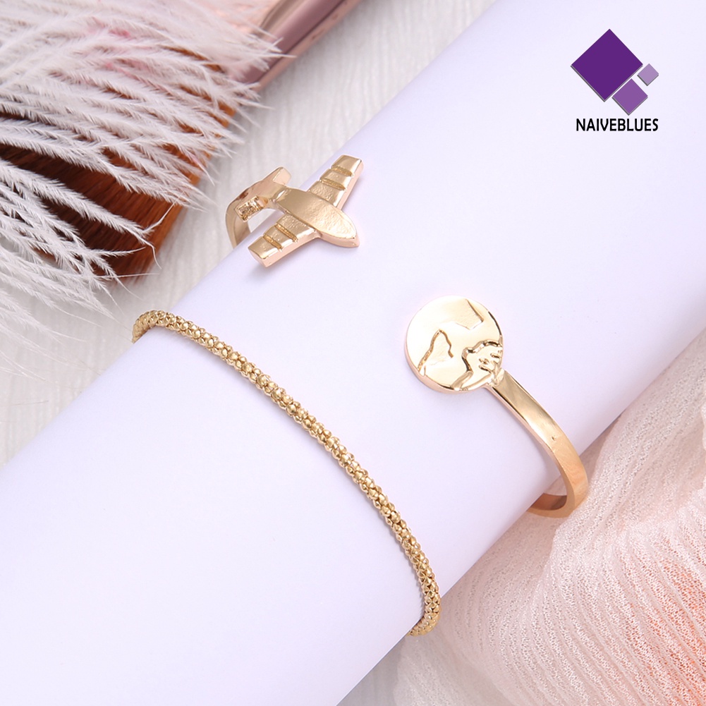 2pcs / Set Gelang Rantai Model Terbuka Desain Peta Pesawat Untuk Wanita