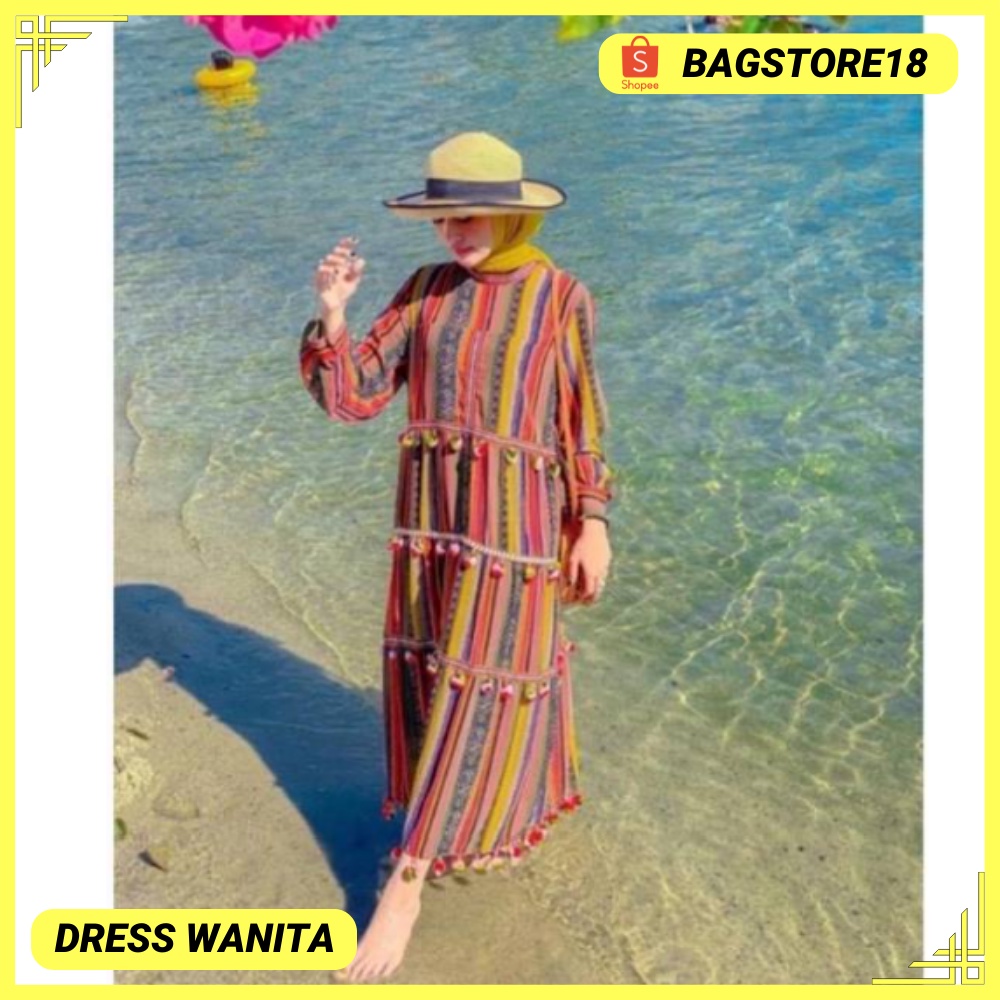 NEW! DRESS WANITA ZARA BOHEMIAN POMPOM / POM POM IMPORT 8810