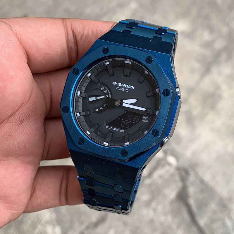 Jam Tangan G-Shock Original GA2100 GA-2100 Oak Custom Strap dan Bezel Stainless Steel Biru