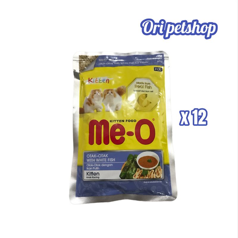 ( Paket 12 pcs) Meo Me-o Sachet Pouch 80gr Makanan Kucing Basah - Kitten Otak - Otak With White Fish