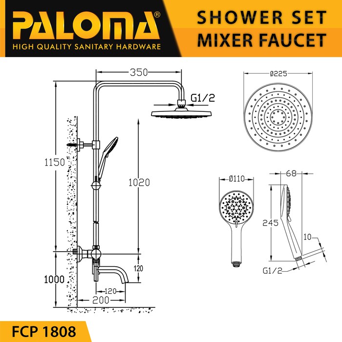 PALOMA FCP 1808 SHOWER TIANG SET KERAN KRAN MIXER PANAS DINGIN