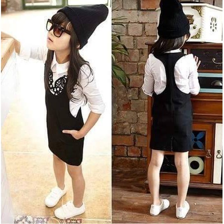 Setelan Overall Rok Anak Perempuan Impor + Inner Kemeja Putih Hitam ukuran 1-7tahun
