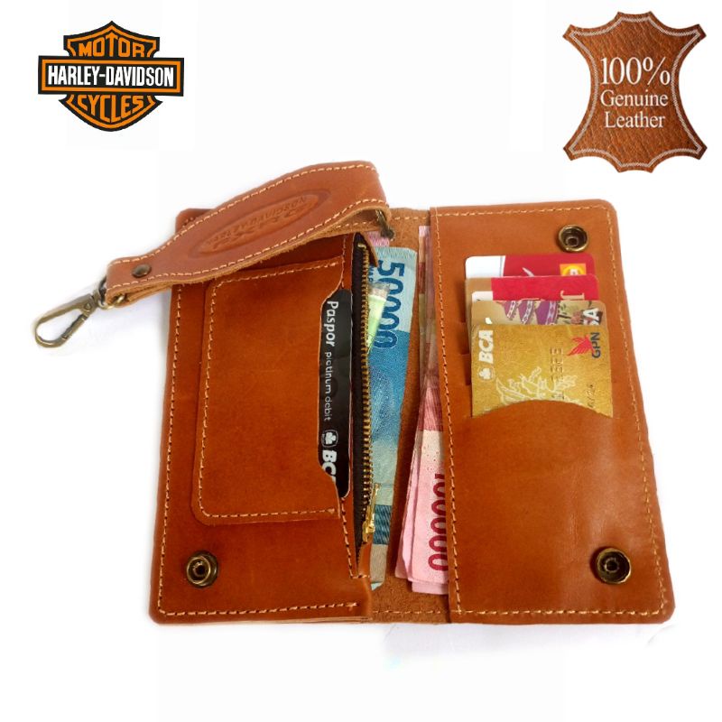 dompet panjang kulit asli 100% full harley davidson biker gear tan 01