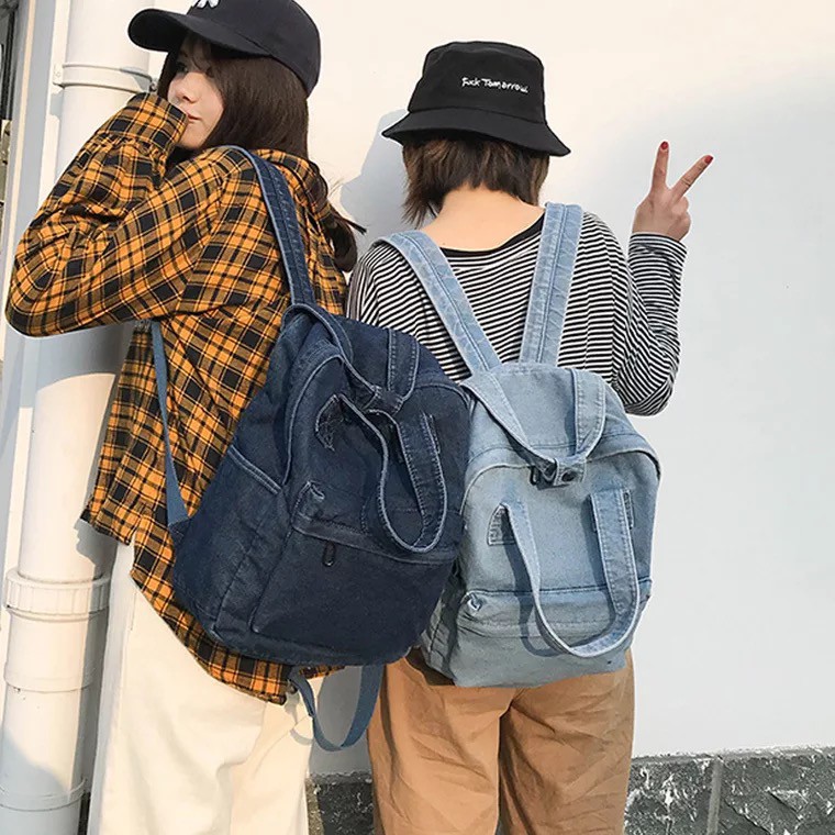 Denim Korean backpack Import-Jeans polos tas ransel sekolah kuliah remaja perempuan japan ulzzang