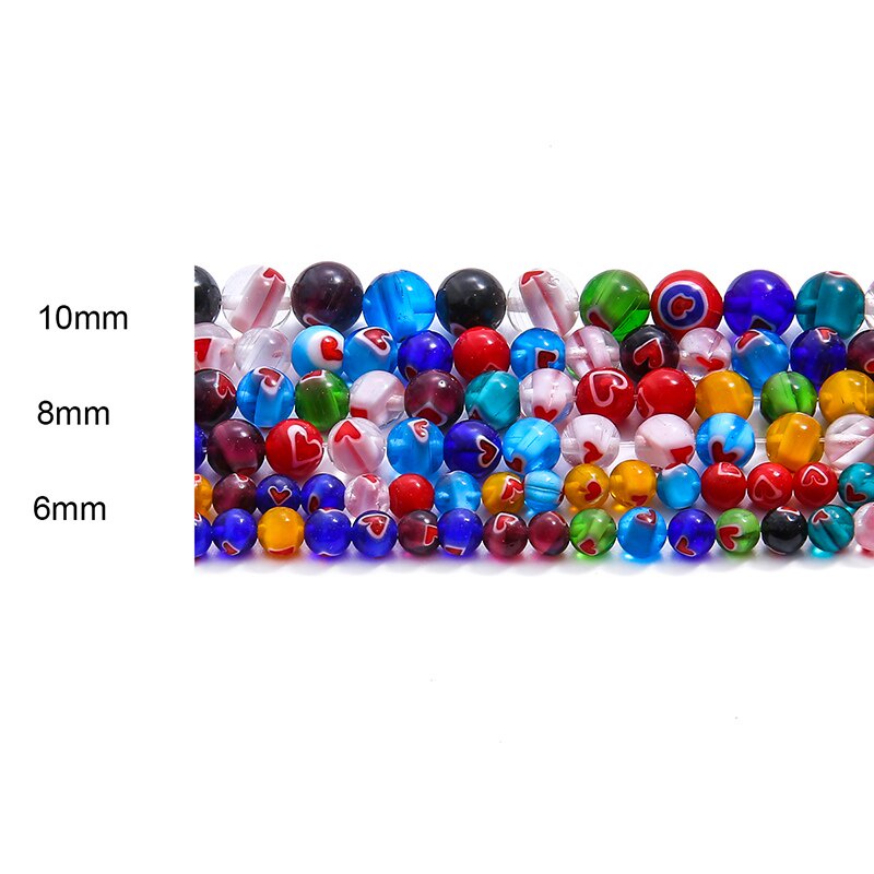 6/8/10 Mm 38-65 Pcs Manik-manik Bulat dengan Hati Bunga Pola Campuran Warna Kaca Lampwork Longgar Spacer Manik-manik Untuk Aksesoris Pembuatan Perhiasan Liontin DIY