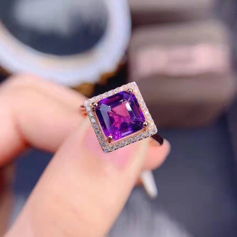 Cincin Wanita Hias Zircon AAA Bentuk Persegi Warna Ungu Gaya Korea Minimalis Untuk Pernikahan