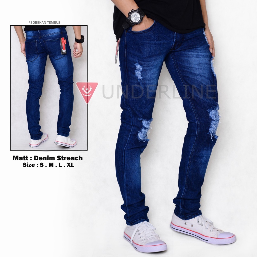 Celana Jeans Pria Sobek Lutut - 2 RIPPED - S, M, L, & XL - Biru - Celana Jeans Ripped Lois Jelana Cl