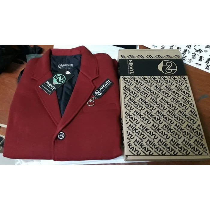 BLAZER SLIMFIT PRIA FLEECE MAROON EDISI KHUSUS ORIGINAL NIKAYU FULL FURING TEBAL SEMI FORMAL