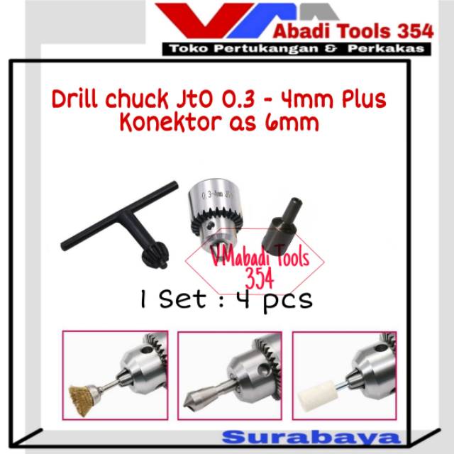 Drill chuck Jt0 0.3 - 4mm plus konektor as 6mm / as 3.18 mm cocok untuk dinamo mesin jahit kecil dll
