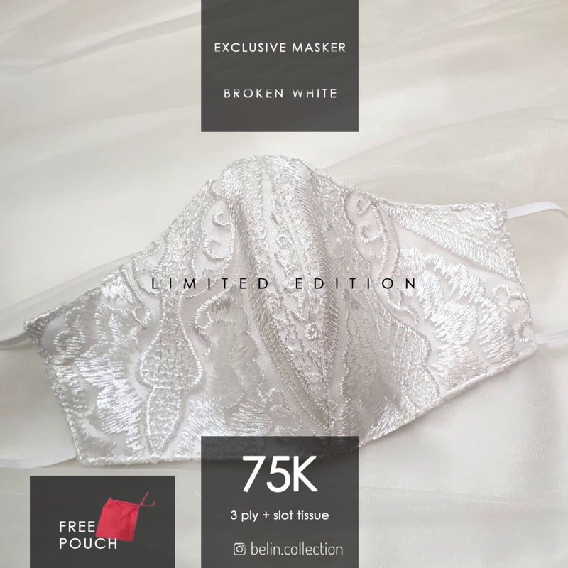 Masker Kain Brokat Premium Pesta Fashion Pengantin Putih Gading Broken White 3ply