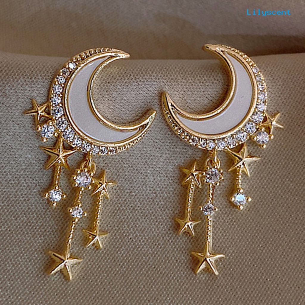 1 Pasang Anting Stud Rumbai Bentuk Bulan Bintang Aksen Berlian Imitasi Untuk Wanita